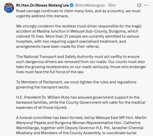 X post by Moses Wetang'ula. PHOTO/Screengrab by People Daily Digital