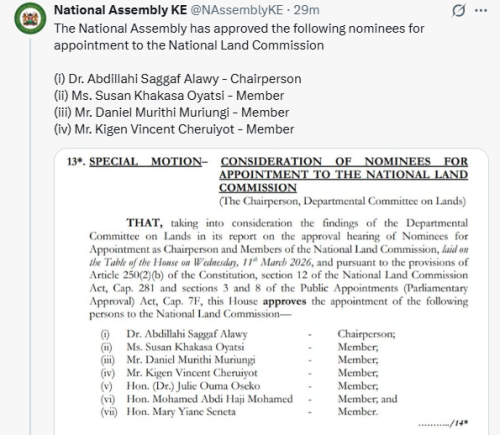 X post by the National Assembly. PHOTO/Screengrab by People Daily Digital