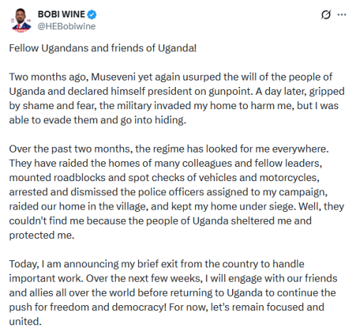 X post by Bobi Wine. PHOTO/Screengrab by People Daily Digital