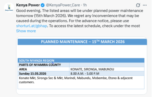 X post by Kenya Power. PHOTO/Screengrab by People Daily Digital