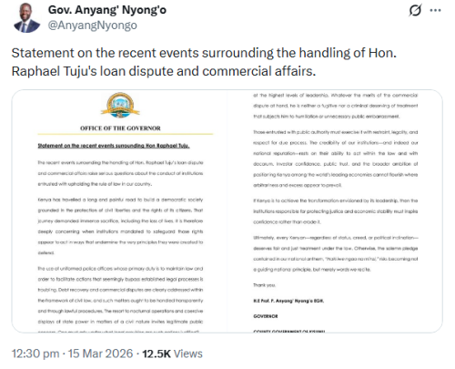 X post by Anyang' Nyong'o. PHOTO/Screengrab by People Daily Digital