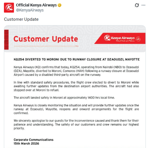 X post by Kenya Airways. PHOTO/Screengrab by People Daily Digital