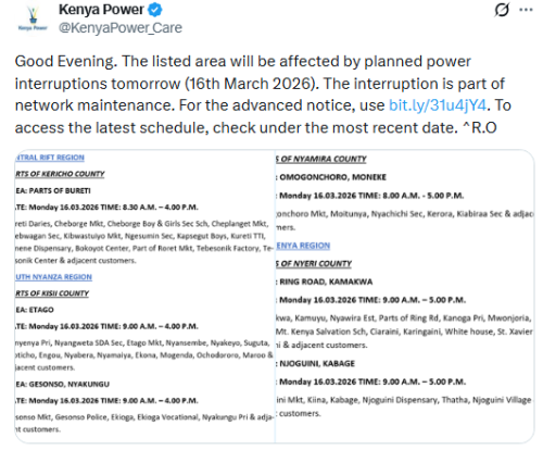 X post by Kenya Power. PHOTO/Screengrab by People Daily Digital