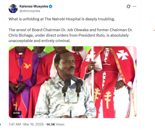 Sreengrab by People Daily Digital of Kalonzo Musyoka's post on March 16, 2026.PHOTO/@skmusyoka/X