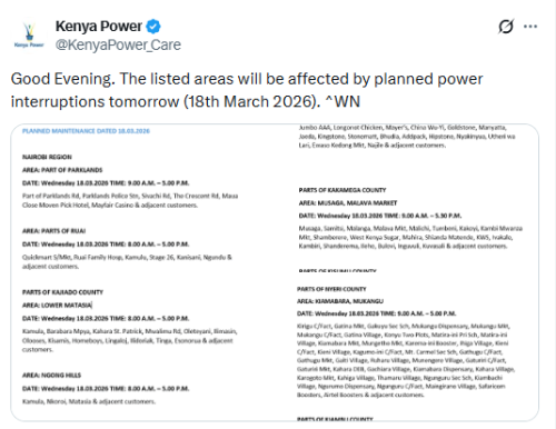 X post by Kenya Power. PHOTO/Screengrab by People Daily Digital