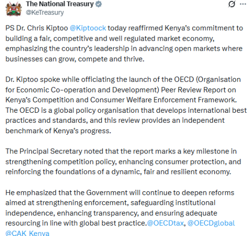 X post by the National Treasury. PHOTO/Screengrab by People Daily Digital
