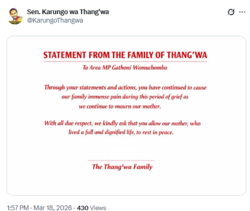 X post by Karungo wa Thang’wa. PHOTO/Screengrab by People Daily Digital