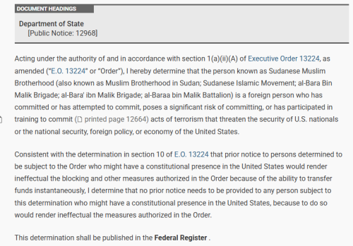 US Federal Register lists Sudanese Muslim Brotherhood as SDGT. PHOTO/Screengrab by People Daily Digital