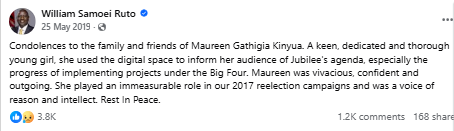 Facebook post by William Ruto on Maureen’s 2019 death. PHOTO/Screengrab by People Daily Digital