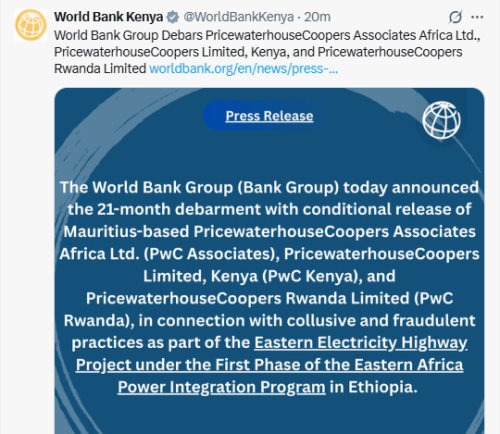 X post by World Bank. PHOTO/Screengrab by People Daily Digital