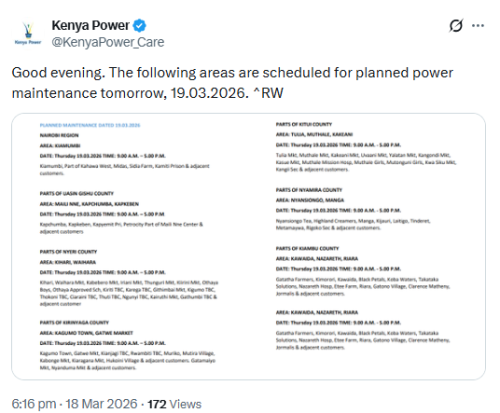 X post by Kenya Power. PHOTO/Screengrab by People Daily Digital