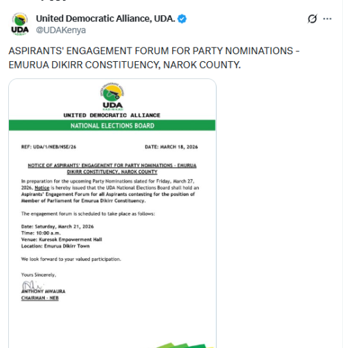 X post by UDA. PHOTO/Screengrab by People Daily Digital