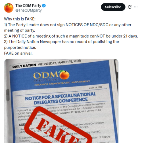 X post by ODM Party. PHOTO/Screengrab by People Daily Digital