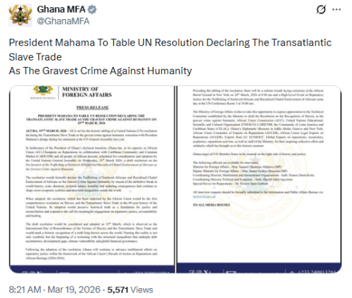 X post by the Ministry of Foreign Affairs, Ghana. PHOTO/Screengrab by People Daily Digital