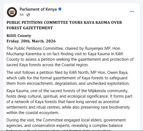 Part of the Parliament of Kenya statement on Friday, March 20, 2026. PHOTO/Screengrab by People Daily Digital/https://web.facebook.com/ParliamentKE/FB