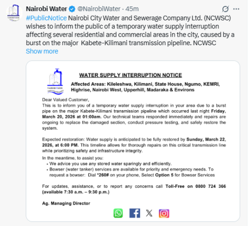 X post by Nairobi Water. PHOTO/Screengrab by People Daily Digital