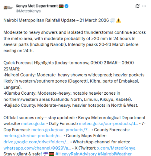 X post by Kenmya Met. PHOTO/Screengrab by People Daily Digital