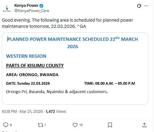 A screenshot of the Kenya Power notice. PHOTO/Screengrab by People Daily Digital from a post shared on X by @KenyaPower_Care