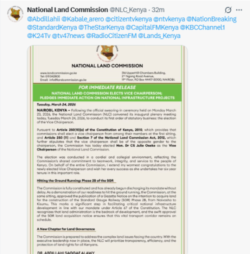X post by National Land Commission. PHOTO/Screengrab by People Daily Digital