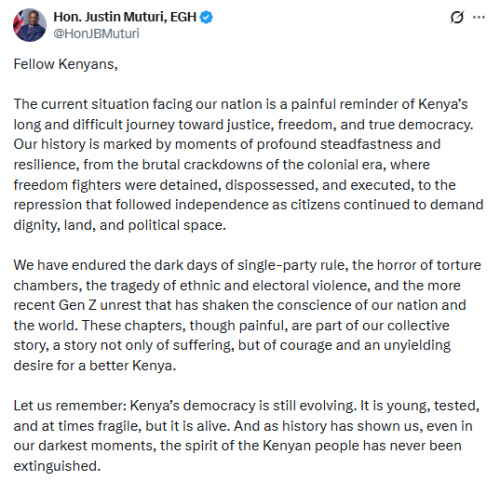 X post by Justin Muturi. PHOTO/Screengrab by People Daily Digital