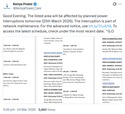 X post by Kenya Power. PHOTO/Screengrab by People Daily Digital