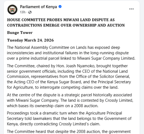 Part of the Parliament of Kenya report. PHOTO/Screengrab by People Daily Digital/https://www.facebook.com/ParliamentKE/FB