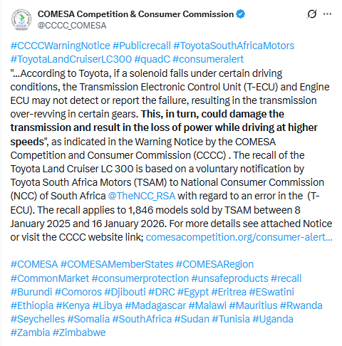 X post by COMESA Competition and Consumer Commission. PHOTO/Screengrab by People Daily Digital