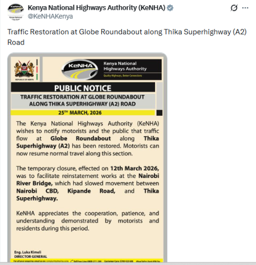 X post by KeNHA. PHOTO/Screengrab by People Daily Digital