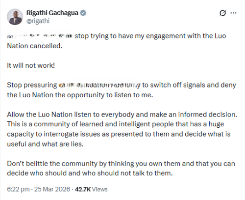 X post by Rigathi Gachagua. PHOTO/Screengrab by People Daily Digital