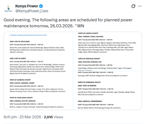 X post by Kenya Power. PHOTO/Screengrab by People Daily Digital