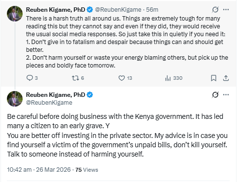 X post by Reuben Kigame. PHOTO/Screengrab by People Daily Digital