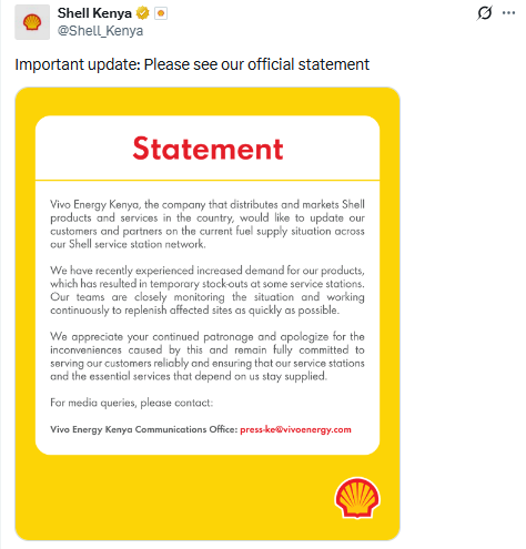 X post by Shell Kenya. PHOTO/Screengrab by People Daily Digital