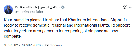 X post by Prime Minister of Sudan Kamil Idris. PHOTO/Screengrab by People Daily Digital