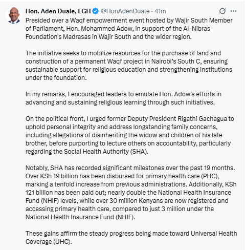 X post by Aden Duale. PHOTO/Screengrab by People Daily Digital