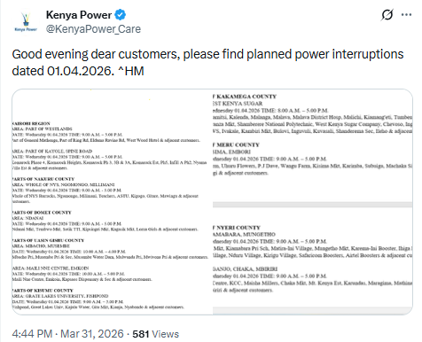 X post by Kenya Power. PHOTO/Screengrab by People Daily Digital