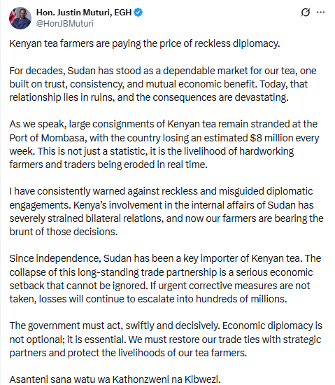 X post by Justin Muturi. PHOTO/Screengrab by People Daily Digital