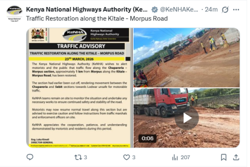 The Kenya National Highways Authority (KeNHA) post on Monday, March 23, 2026. PHOTO/Screengrab by People Daily Digital/@KeNHAKenya/X