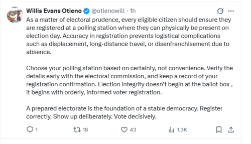 Safina Party Deputy Leader Willis Evans Otieno's post on March, 23, 2026. PHOTO/Screengrab by People Daily Digital/@otienowill/X
