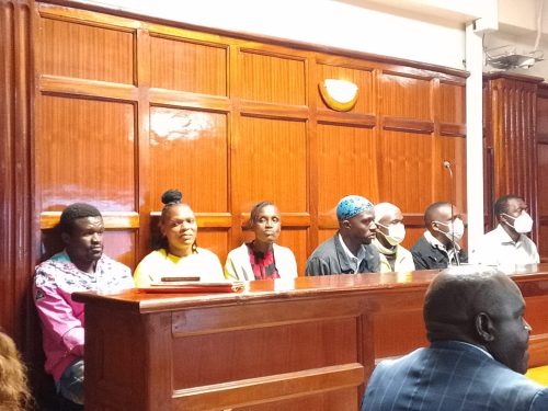 The seven accused persons in deceased Kabete MP George Muchai robbery with violence case appear before Milimani Chief Magistrate Lucas Onyina for Judgement on Friday, March 13, 2026.PHOTO/Zipporah Ngwatu