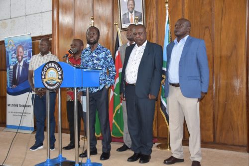 Kisumu Governor Anyang Nyong'o during a media briefing at his office ahead of President Ruto's visit on Saturday. He was flanked by other county officials and Kisumu Central MP Joshua Oron. Photo:Viola Kosome