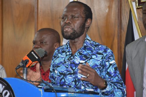 Kisumu Governor Anyang Nyong'o during a media briefing at his office ahead of President Ruto's visit on Saturday. He was flanked by other county officials and Kisumu Central MP Joshua Oron. Photo:Viola Kosome
