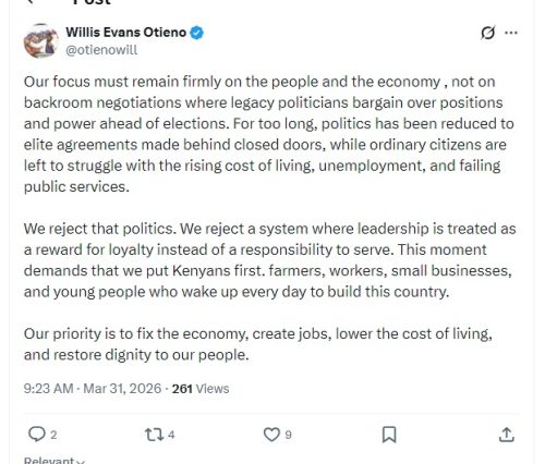 X statement by Willis Otieno on Tuesday, March 31, 2026. PHOTO/Screengrab by People Daily Digital/@otienowill/X