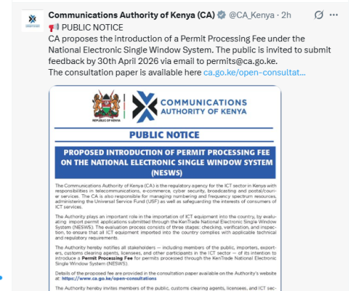 Communications Authority of Kenya public notice  on March 17, 2026. PHOTO/Screengrab by People Daily Digital/@CA_Kenya/X