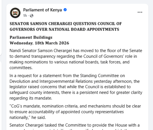 Parliament of Kenya post on Wednesday, March 18, 2026. PHOTO/Screengrab by People Daily Digital/https://www.facebook.com/ParliamentKE/X