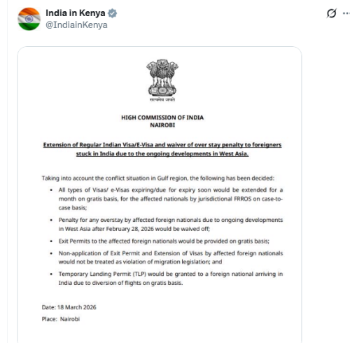 The High Commission of India in Nairobi notice on March 19, 2026. PHOTO/Screengrab by People Daily Digital/@IndiainKenya/X