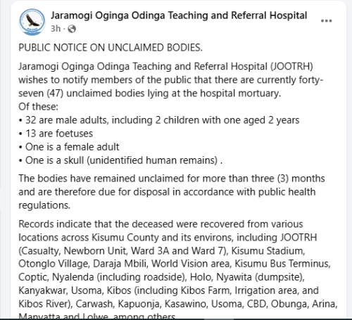 The Jaramogi Oginga Odinga Teaching and Referral Hospital (JOOTRH) notice on Wedneday March 25, 2026. PHOTO/Screengrab by People Daily Digital/https://www.facebook.com/JOOTRH/FB