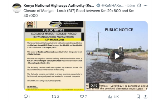 The Kenya National Highways Authority (KeNHA) on X account on Friday, March 13, 2026. PHOTO/Screengrab by People Daily Digital @KeNHAKenya/X