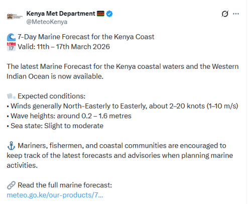 Screengrab by People Daily Digital of Kenya Meteorological Department update on sea conditions along the Kenya Coast and the western part of the Indian Ocean. PHOTO/@MeteoKenya/X