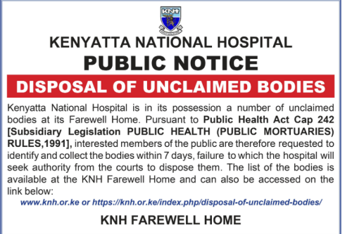 Kenyatta National Hospital notice on March 24, 2026. PHOTO/https://knh.or.ke/index.php/disposal-of-unclaimed-bodies/website