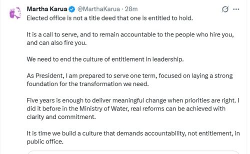 People's Liberation Party (PLP) leader Martha Karua X post on Monday, March 30, 2026. PHOTO/Screengrab by People Daily Digital/@MarthaKarua/X